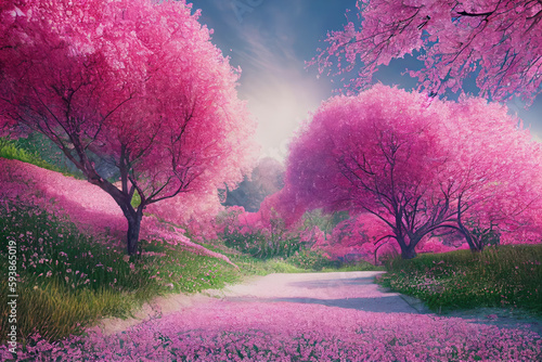 Romantic tunnel of pink sakura blossom trees in the spring  generative AI