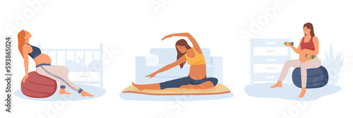 Set of cartoon characters of pregnant women doing exercises. Regular physical activity and healthy lifestyle. Healthy pregnancy and sports. Doing prenatal yoga. Vector