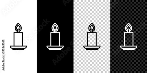 Set line Burning candle icon isolated on black and white,transparent background. Cylindrical candle stick with burning flame. Vector