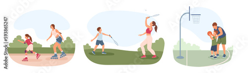 Set of cartoon characters of parents and their kids doing sports together. Active and healthy lifestyle. Time for playing games with kids outdoors. Vector