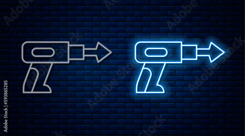 Glowing neon line Fishing harpoon icon isolated on brick wall background. Fishery manufacturers for catching fish under water. Diving underwater equipment. Vector