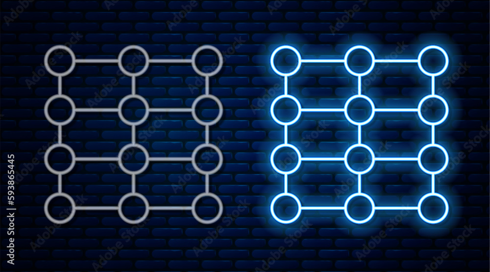 Glowing neon line Neural network icon isolated on brick wall background. Artificial intelligence AI. Vector
