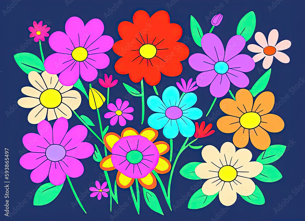 Cartoon flowers. Created by a stable diffusion neural network.