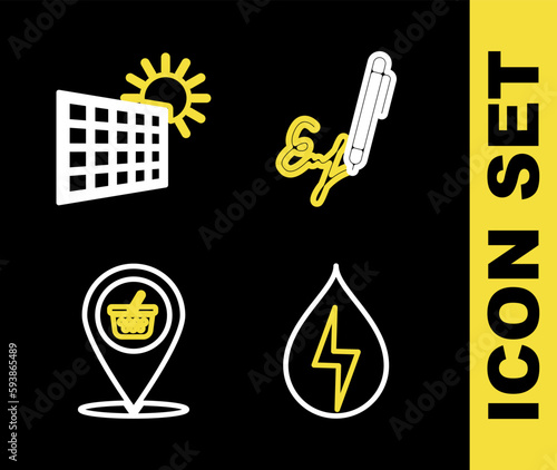 Set line Signature, Water energy, Location shopping basket and Solar panel and sun icon. Vector