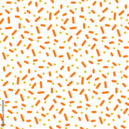 A pattern with orange festive sprinkling in the form of sticks and dots. Seamless glaze for donuts. Vector illustration for decoration of holidays, parties, birthdays, invitations. Gift packaging