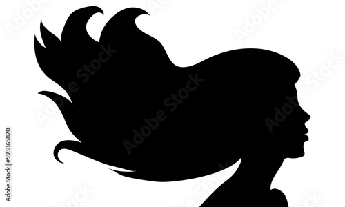 The silhouette of a beautiful woman with long hair flowing in the wind in profile. Template for postcards, greetings, flyers, banners for a beauty salon, hairdresser or Women's Day on March 8
