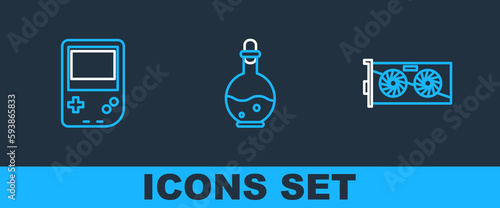 Set line Video graphic card, Portable video game console and Bottle with magic elixir icon. Vector