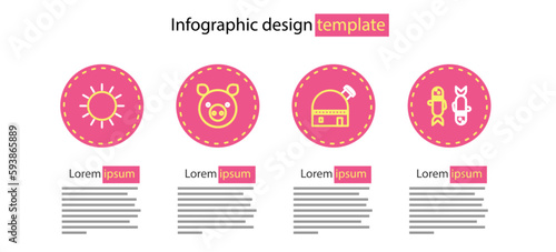 Set line Astronomical observatory, Pisces zodiac, Pig and Sun icon. Vector