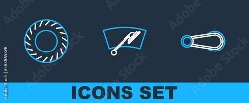 Set line Car door handle, tire and Windscreen wiper icon. Vector