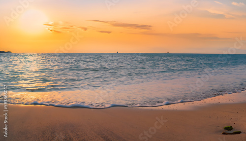 Closeup sea sand beach. Panoramic beach landscape. Inspire tropical beach seascape horizon. Orange and golden sunset sky calmness tranquil relaxing sunlight summer mood. Vacation travel, Ai generated  © Hina