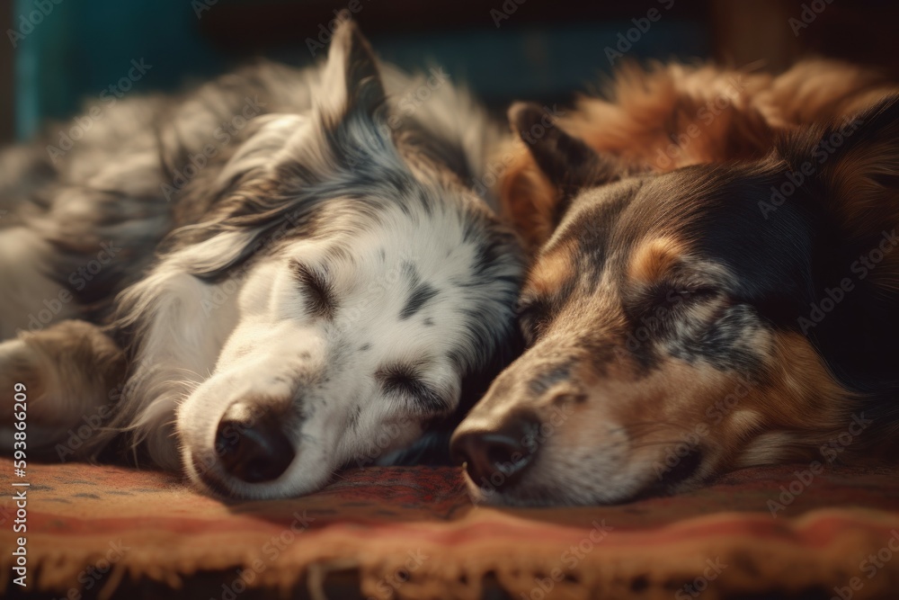 Fototapeta premium Two dogs sleeps together. Generate Ai