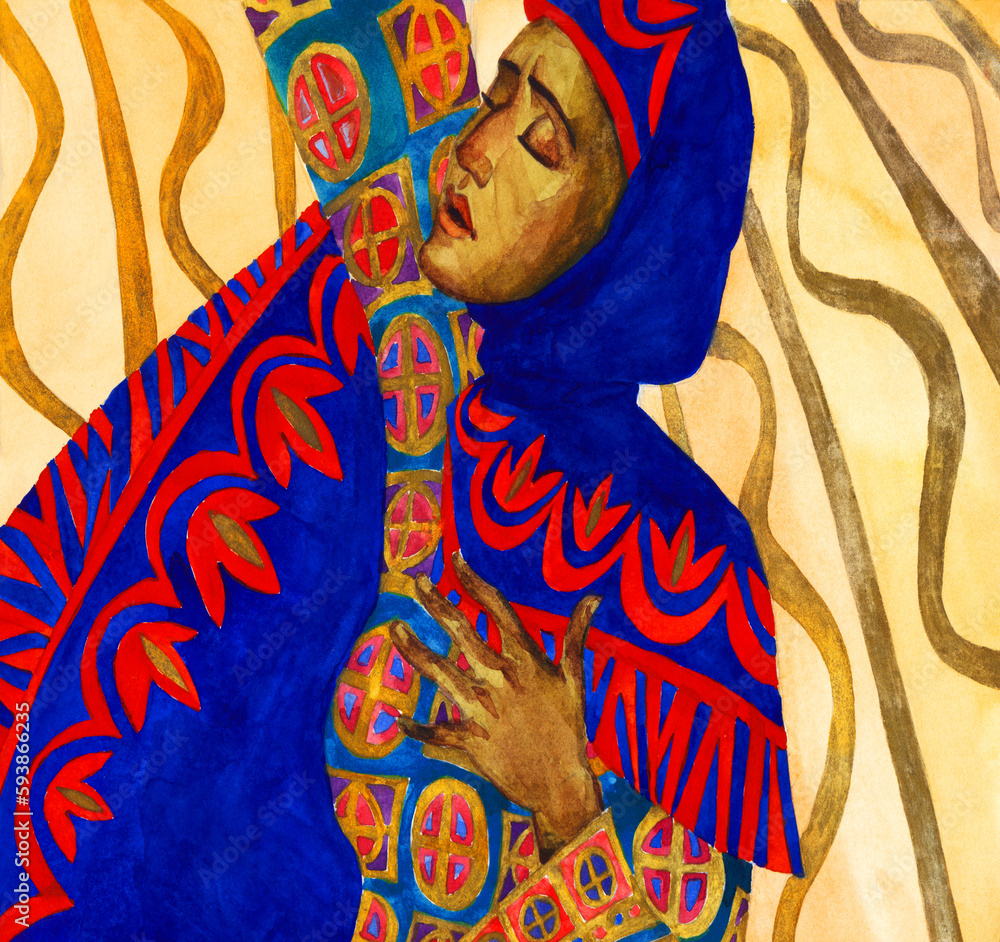 Fototapeta premium Watercolor drawing of praying woman in ancient clothes