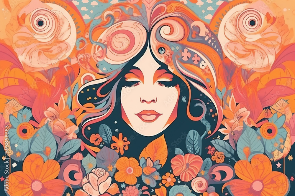 Psychedelic vector illustration. Concept Summer Of love 1969. Generative AI Psychedelic vector illustration. Concept Summer Of love 1969. Generative AI