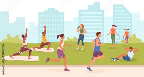 Set of cartoon characters of young people doing sports outdoor. Concept of healthy and active lifestyle. Boosting confidence with sports and workouts. Regular physical activity. Vector