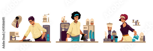 Set of different cartoon characters of people working as baristas. Making coffee at cafe. Small business owners. Professional coffee shop workers. Vector