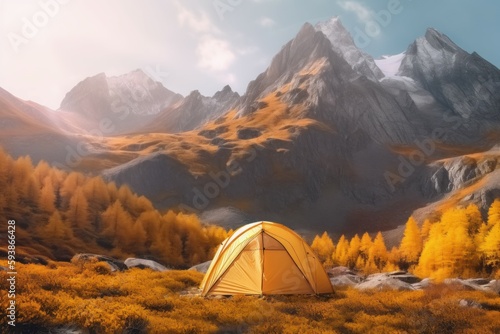 Tent camping at autumn camp. Generate Ai