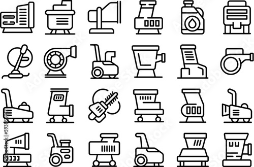 Garden shredder icons set outline vector. Wood tree. Mower string