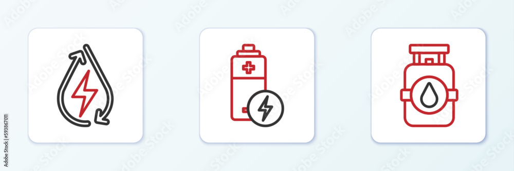 Set line Propane gas tank, Water energy and Battery icon. Vector Set line Propane gas tank, Water energy and Battery icon. Vector