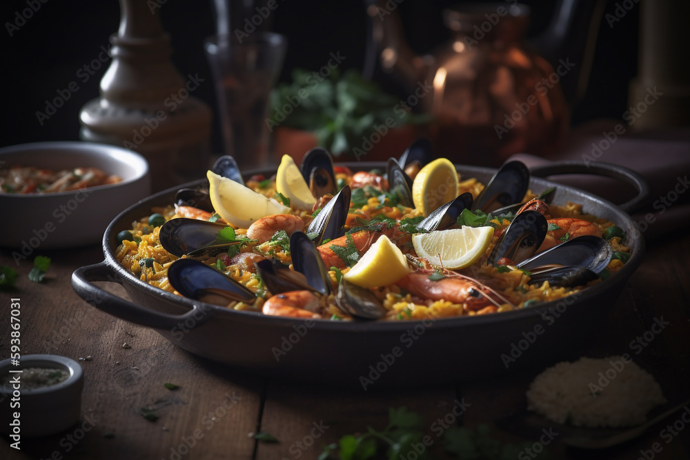 Seafood paella with a side of garlic bread and green salad Seafood paella with a side of garlic bread and green salad