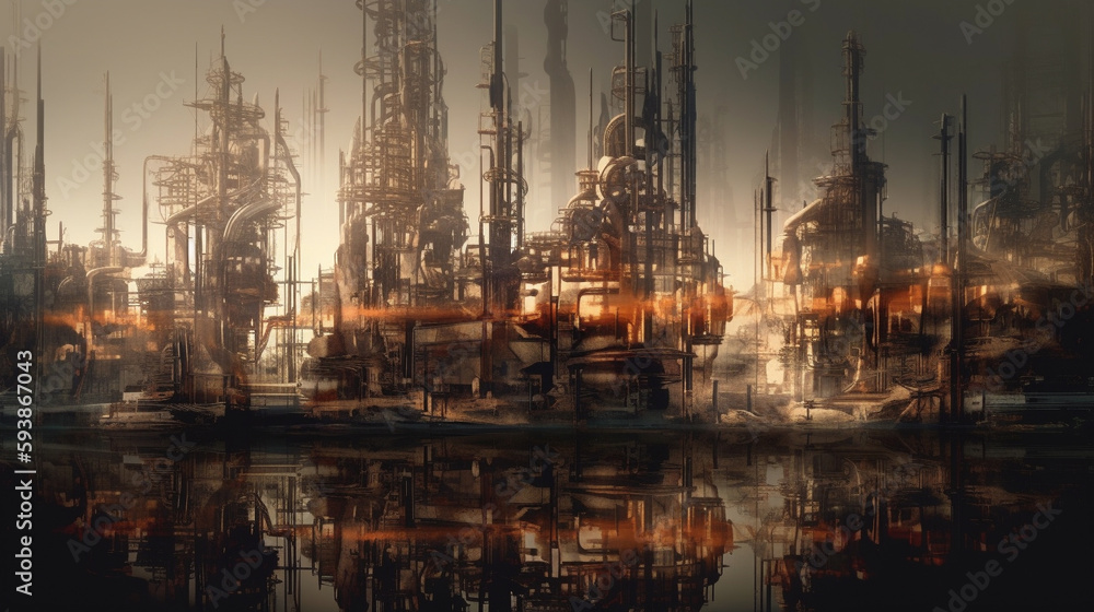 painting ideas Oil refinery at twilight - petrochemical industry.Future factory plant and energy industry devotion concept. Generative AI.