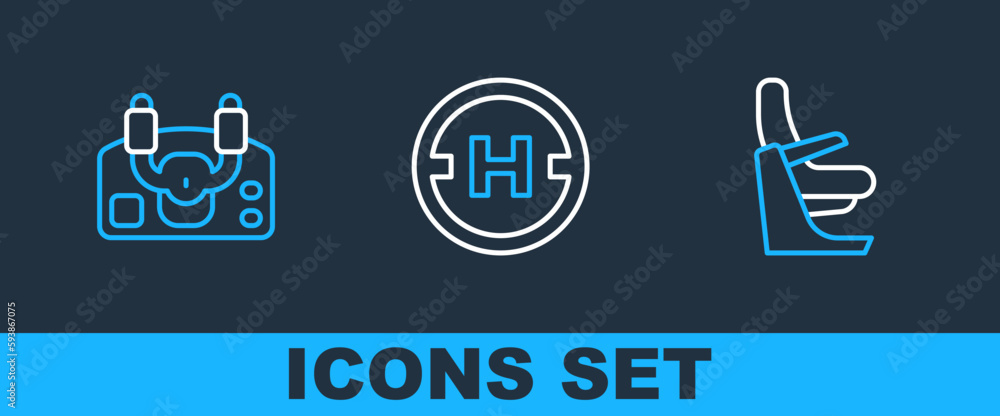 Set line Airplane seat, Aircraft steering helm and Helicopter landing pad icon. Vector Set line Airplane seat, Aircraft steering helm and Helicopter landing pad icon. Vector