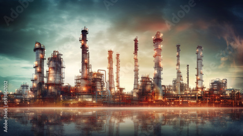 painting ideas Oil refinery at twilight - petrochemical industry.Future factory plant and energy industry devotion concept. Generative AI.