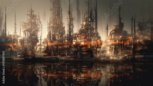 painting ideas Oil refinery at twilight - petrochemical industry.Future factory plant and energy industry devotion concept. Generative AI.