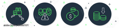 Set line Stop delivery cargo truck, Debt ball chained coin, Shutdown of factory and Dollar rate decrease icon. Vector