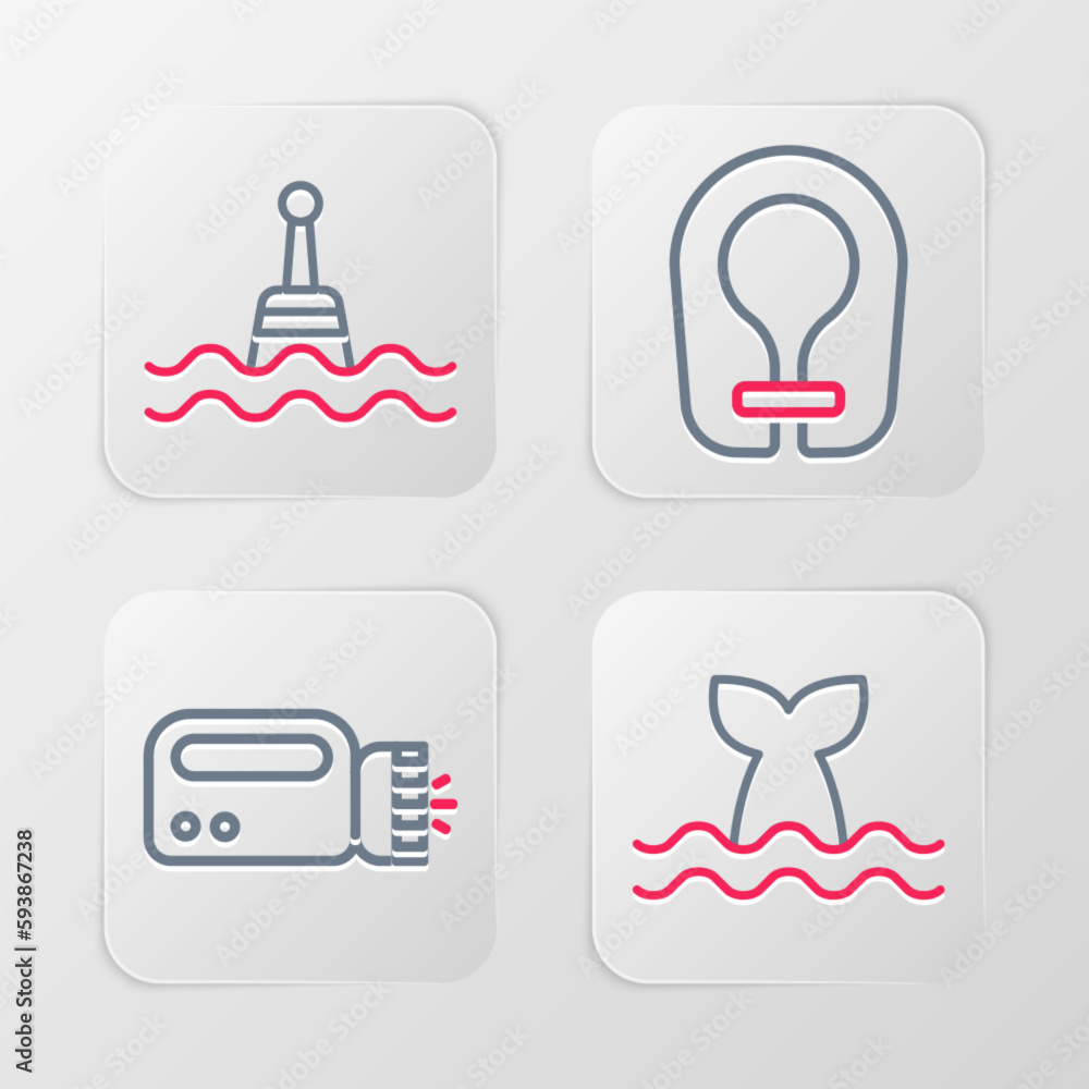 Set line Whale tail, Flashlight for diver, Life jacket and Floating buoy icon. Vector Set line Whale tail, Flashlight for diver, Life jacket and Floating buoy icon. Vector