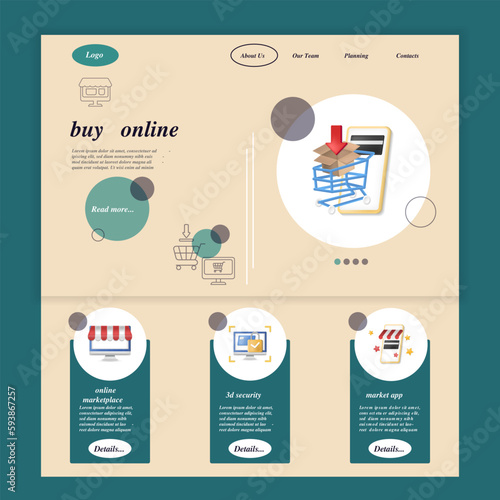 Buy online flat landing page website template. Online marketplace, 3d security, market app. Web banner with header, content and footer. Vector illustration.