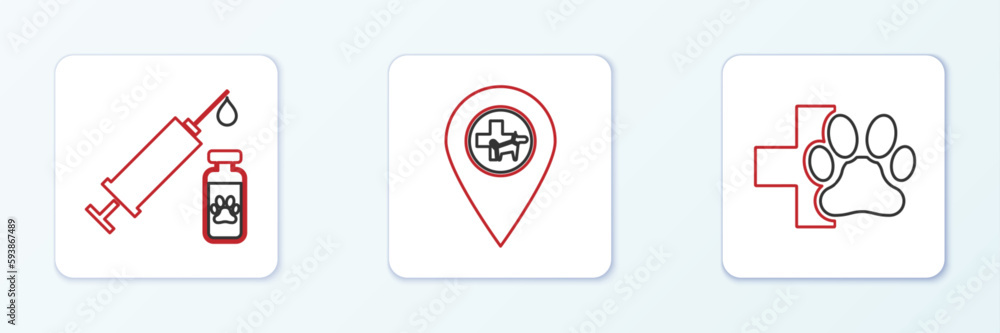 Set line Veterinary clinic, Syringe with pet vaccine and Location veterinary icon. Vector Set line Veterinary clinic, Syringe with pet vaccine and Location veterinary icon. Vector