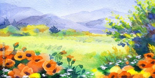 Watercolor landscape. Field with poppies near the mountains