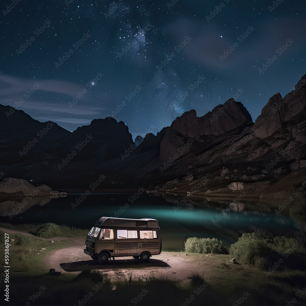 Image of a motor home parked in front of a high mountain lake at night with stunning views of the mountains and the Milky Way.