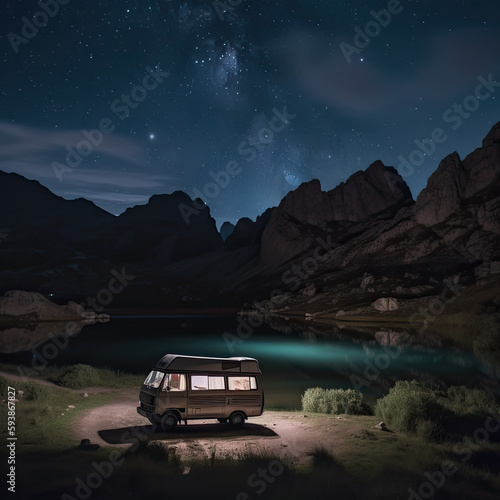 Image of a motor home parked in front of a high mountain lake at night with stunning views of the mountains and the Milky Way. © expressiovisual