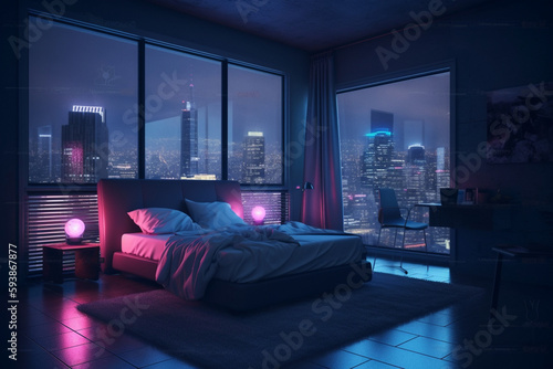 Bedroom Night Cyberpunk City   Generative Ai
