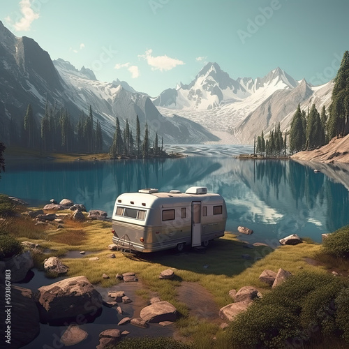 Image of a motor home parked in front of a high mountain lake with stunning views of the mountains.