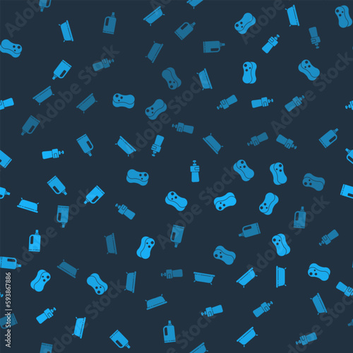 Set Bathtub, Sponge, Dishwashing liquid bottle and Fabric softener on seamless pattern. Vector