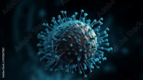 Coronavirus (COVID-19) pandemic risk concept of the COVID-19 virus disease Virus microscope close up view, 3D illustration.Generative AI.