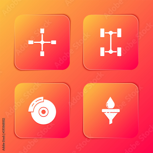 Set Wheel wrench, Chassis car, Car brake disk with caliper and Funnel and oil drop icon. Vector