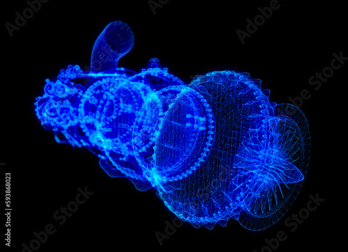 Gas turbine engine. Blue particle and lines form 3d model