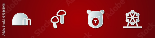 Set Igloo ice house, Mushroom, Bear head and Ferris wheel icon. Vector