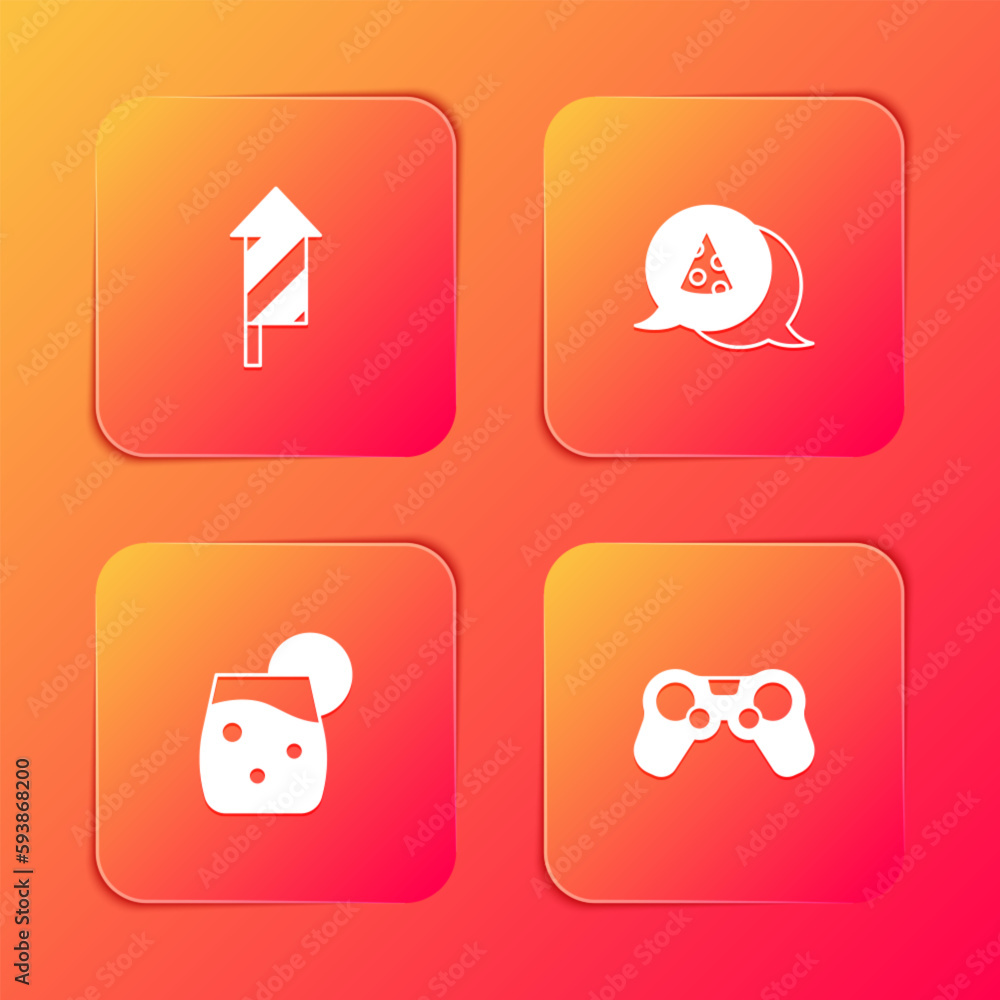 Set Firework rocket, Slice of pizza, Cocktail and Gamepad icon. Vector Set Firework rocket, Slice of pizza, Cocktail and Gamepad icon. Vector