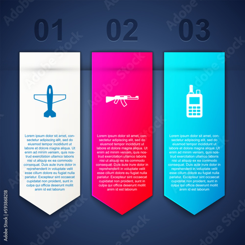 Set Plane, Submachine gun and Walkie talkie. Business infographic template. Vector