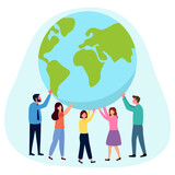 People holding earth planet in flat design. Save the planet.