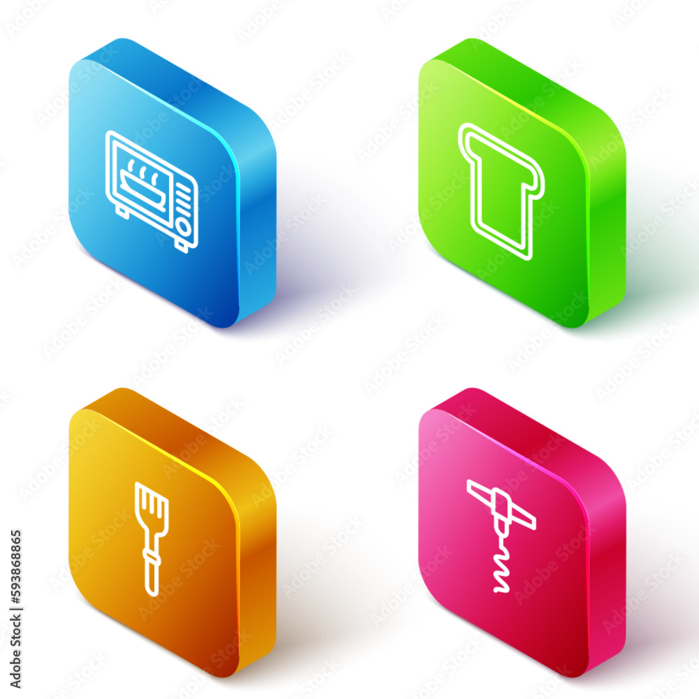 Set Isometric line Microwave oven, Bread toast, Fork and Wine corkscrew icon. Vector Set Isometric line Microwave oven, Bread toast, Fork and Wine corkscrew icon. Vector