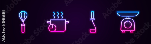 Set line Kitchen whisk, Cooking pot, ladle and Scales. Glowing neon icon. Vector