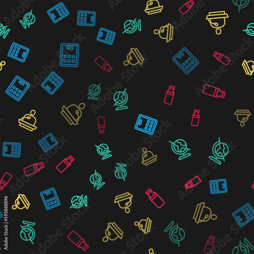Set line Graphic tablet, Earth globe, Gives lecture and USB flash drive on seamless pattern. Vector