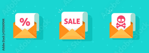 Email mail envelope with discount newsletter sale coupon message icon flat vector graphic illustration, phishing red fraud malware cyber attack skull digital electronic modern design image