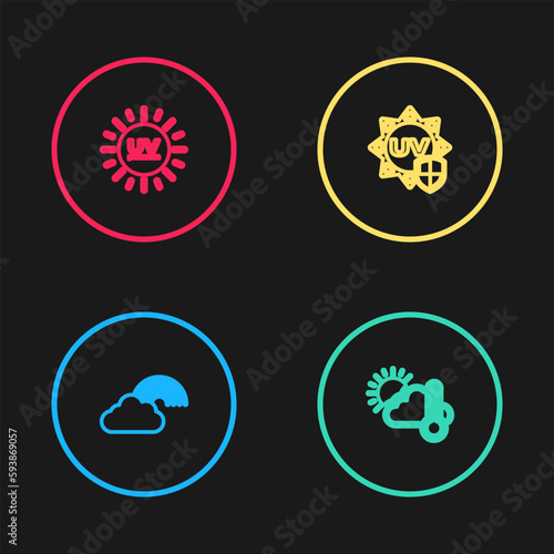 Set line Rainbow with cloud, Thermometer and cloud, sun, UV protection and icon. Vector