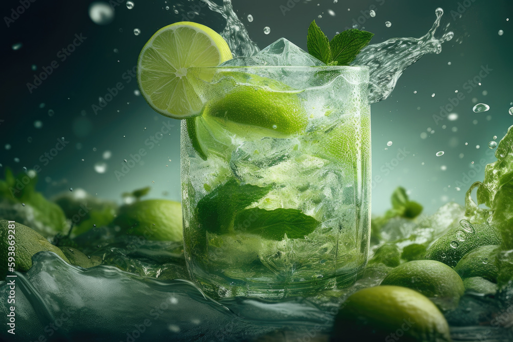 Fototapeta premium Mojito cocktail with mint. Generative AI.
